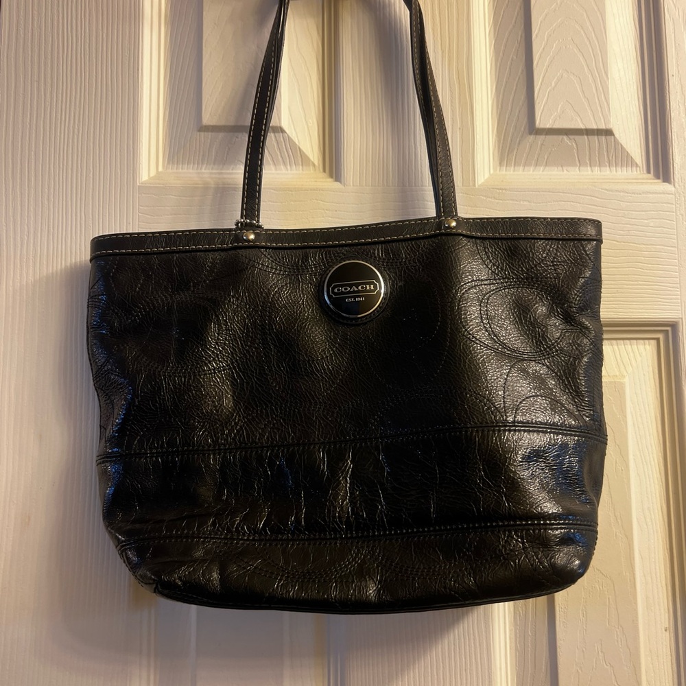 Coach Black Leather Structured Tote with Silver Emblem